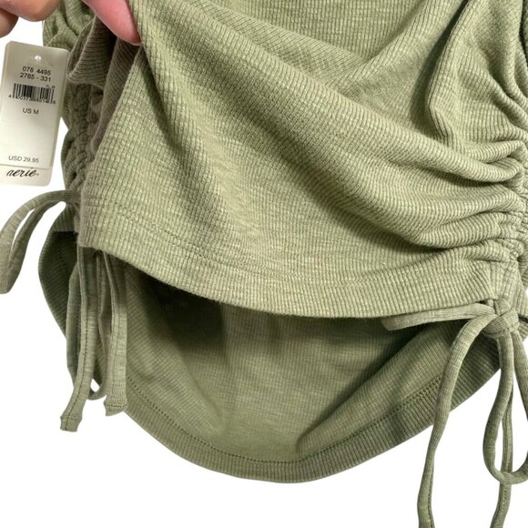 NWT aerie Ribbed Ruched Scrunched Side Tie Spaghetti Strap Crop Top Olive M - Picture 5 of 11